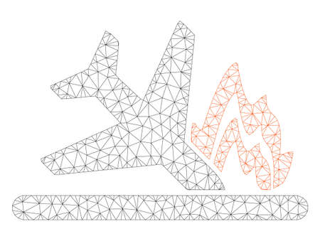 Mesh airplane crash polygonal icon illustration. Abstract mesh lines and dots form triangular airplane crash. Wire frame 2D polygonal line network in vector format isolated on a white background.のイラスト素材