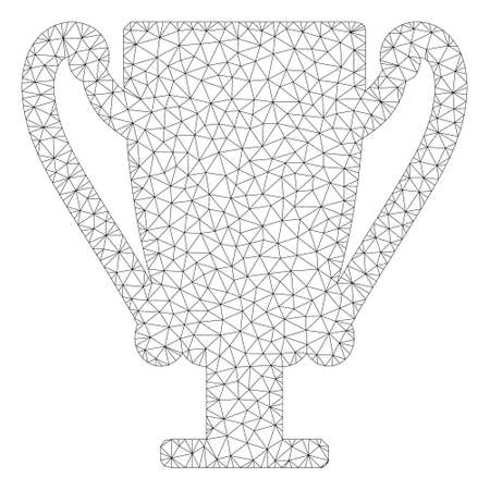 Mesh award cup polygonal icon illustration. Abstract mesh lines and dots form triangular award cup. Wire frame 2D polygonal line network in vector format isolated on a white background.のイラスト素材