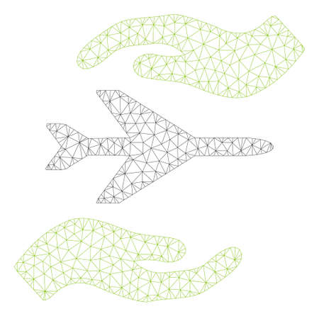 Mesh airplane care hands polygonal 2d illustration. Abstract mesh lines and dots form triangular airplane care hands.のイラスト素材