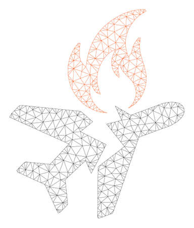 Mesh airplane fire crash polygonal icon illustration. Abstract mesh lines and dots form triangular airplane fire crash.のイラスト素材