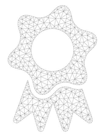 Mesh award seal polygonal 2d illustration. Abstract mesh lines and dots form triangular award seal. Wire frame 2D polygonal line network in vector format isolated on a white background.のイラスト素材