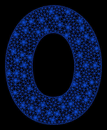 Bright mesh 0 digit with lightspot effect. Shiny wire frame polygonal mesh in vector format on a black background. Abstract 2d mesh designed with polygonal grid, dots, glowing flare spots.のイラスト素材