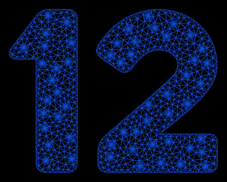 Bright mesh 12 digits text with lightspot effect. Shiny wire frame polygonal mesh in vector format on a black background. Abstract 2d mesh designed with polygonal grid, small circle,のイラスト素材