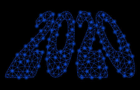 Bright mesh 2020 perspective text with glow effect. Shiny wire frame polygonal mesh in vector format on a black background. Abstract 2d mesh designed with polygonal grid, dots, glossy flash spots.のイラスト素材