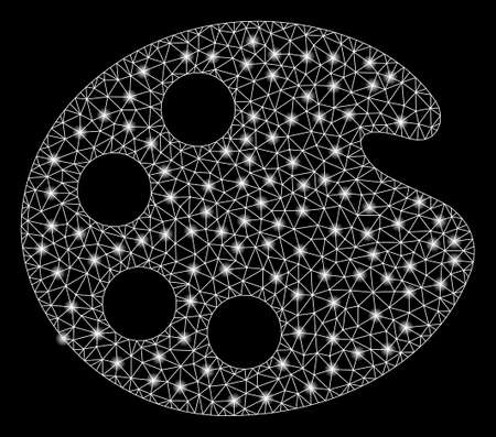 Bright mesh artistic palette with glare effect. Shiny wire frame polygonal mesh in vector format on a black background. Abstract 2d mesh built from triangles, dots, glossy glare spots.のイラスト素材