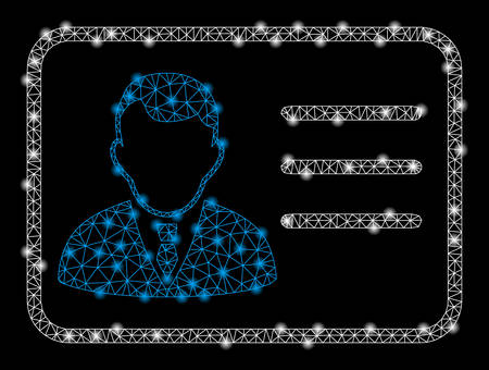 Bright mesh account card with glare effect. Shiny wire frame polygonal network in vector format on a black background. Abstract 2d mesh built from polygonal grid, round dots, glowing glare spots.のイラスト素材