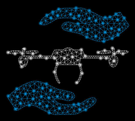 Bright mesh airdrone care hands with glare effect. Shiny wire carcass triangular mesh in vector format on a black background. Abstract 2d mesh created from triangular lines, points,のイラスト素材