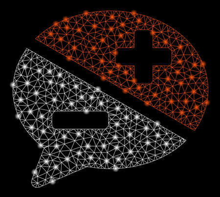 Bright mesh arguments with glow effect. Shiny wire frame polygonal mesh in vector format on a black background. Abstract 2d mesh created from polygonal grid, small circle, glossy flash spots.のイラスト素材