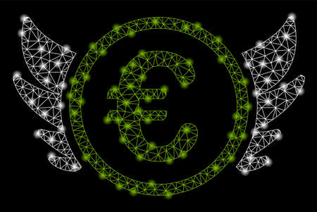 Bright mesh euro angel investment with glow effect. Shiny wire carcass polygonal mesh in vector format on a black background. Abstract 2d mesh designed with triangular lines, dots,のイラスト素材