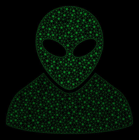 Bright mesh alien with glare effect. Shiny wire carcass polygonal mesh in vector format on a black background. Abstract 2d mesh designed with triangles, spheric points, glossy glare spots.のイラスト素材