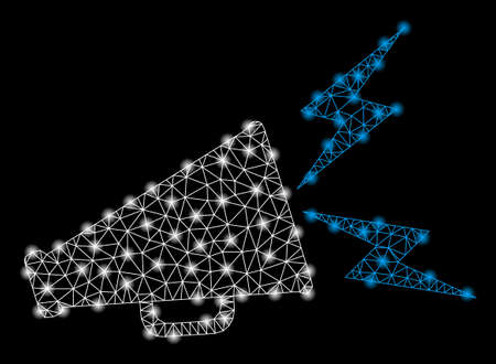 Bright mesh alert megaphone with glare effect. Shiny wire frame polygonal mesh in vector format on a black background. Abstract 2d mesh designed with triangles, spheric points, glossy glare spots.のイラスト素材