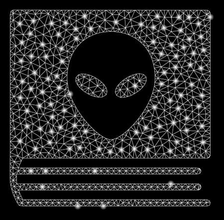 Bright mesh alien catalog with lightspot effect. Shiny wire carcass polygonal mesh in vector format on a black background. Abstract 2d mesh designed with polygonal grid, dots, glossy light spots.のイラスト素材