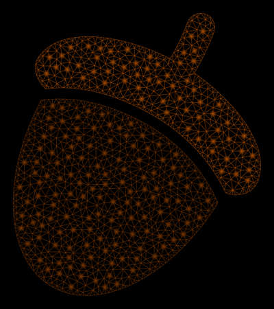 Bright mesh acorn with glow effect. Shiny wire carcass polygonal mesh in vector format on a black background. Abstract 2d mesh designed with triangular lines, spheric points, glowing flare spots.のイラスト素材