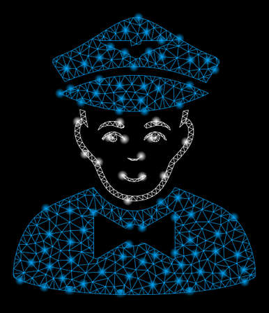 Bright mesh airline steward with glare effect. Shiny wire frame triangular mesh in vector format on a black background. Abstract 2d mesh designed with triangular lines, spheric points,のイラスト素材