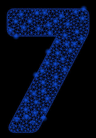 Bright mesh 7 digit with glare effect. Shiny wire frame triangular mesh in vector format on a black background. Abstract 2d mesh designed with triangular lines, small circle, glossy glare spots.のイラスト素材
