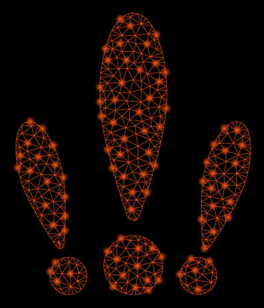 Bright mesh alert with glow effect. Shiny wire frame triangular mesh in vector format on a black background. Abstract 2d mesh designed with triangular lines, dots, glossy flash spots.のイラスト素材