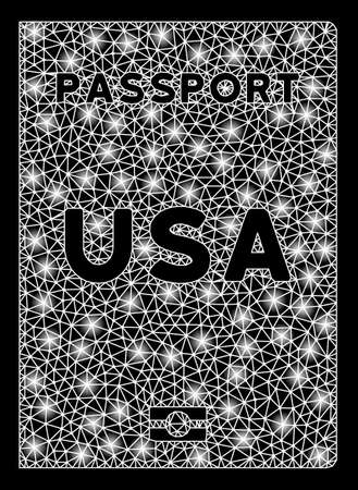 Bright mesh American passport with glare effect. Shiny wire frame polygonal mesh in vector format on a black background. Abstract 2d mesh designed with triangular lines, dots, glowing glare spots.のイラスト素材