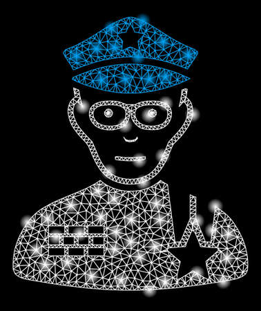 Bright mesh army general with lightspot effect. Shiny wire carcass triangular mesh in vector format on a black background. Abstract 2d mesh created from triangular lines, round dots,のイラスト素材
