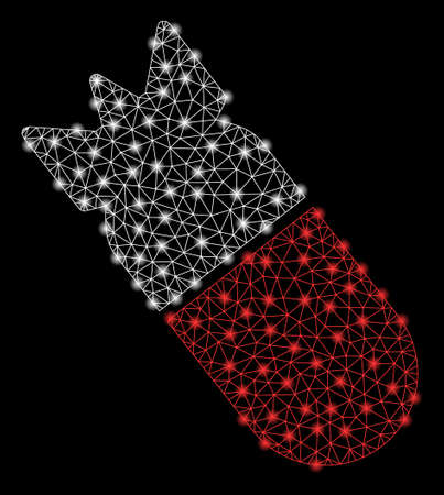 Bright mesh aviation bomb with glow effect. Shiny wire frame polygonal mesh in vector format on a black background. Abstract 2d mesh designed with polygonal grid, points, glowing light spots.のイラスト素材