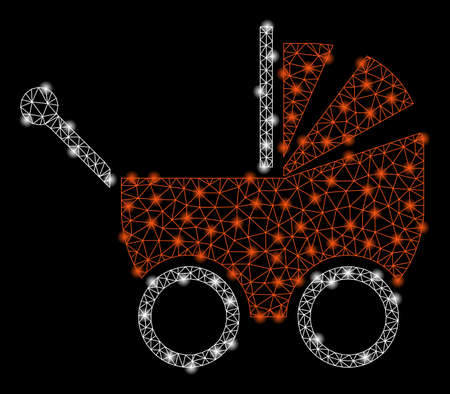 Bright mesh baby carriage with glare effect. Shiny wire frame triangular mesh in vector format on a black background. Abstract 2d mesh designed with polygonal grid, round dots, glowing glare spots.のイラスト素材