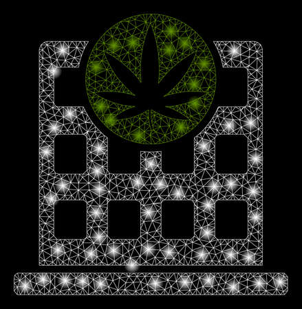 Bright mesh cannabis building with glare effect. Abstract illuminated model of cannabis building icon.のイラスト素材