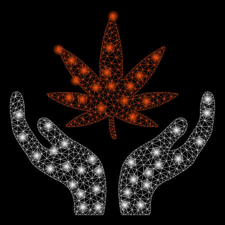 Bright mesh cannabis care with glare effect. Abstract illuminated model of cannabis care icon. Shiny wire carcass triangular mesh cannabis care abstraction in vector format on a black background.のイラスト素材