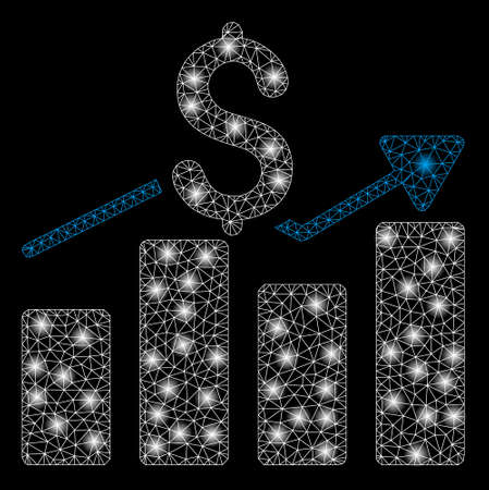 Bright mesh business chart with glow effect. Abstract illuminated model of business chart icon. Shiny wire frame polygonal mesh business chart abstraction in vector format on a black background.のイラスト素材
