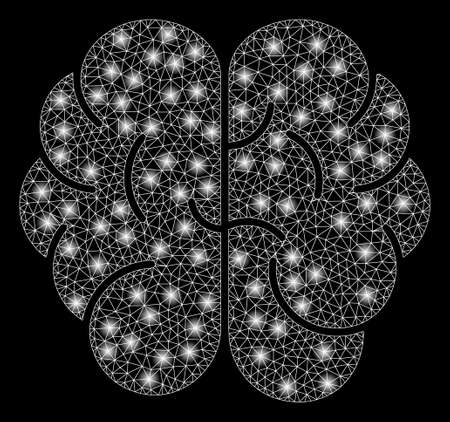Bright mesh brain with glare effect. Abstract illuminated model of brain icon. Shiny wire carcass triangular mesh brain abstraction in vector format on a black background.のイラスト素材