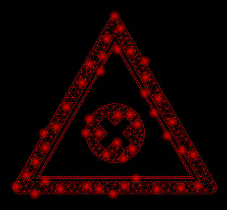 Bright mesh cancel triangle with glow effect. Abstract illuminated model of cancel triangle icon. Shiny wire frame polygonal mesh cancel triangle abstraction in vector format on a black background.のイラスト素材