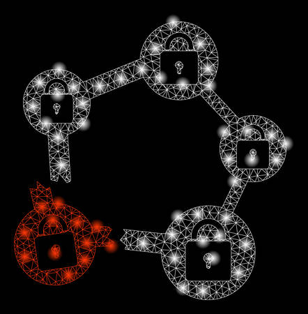 Bright mesh broken blockchain network with glare effect. Abstract illuminated model of broken blockchain network icon.のイラスト素材