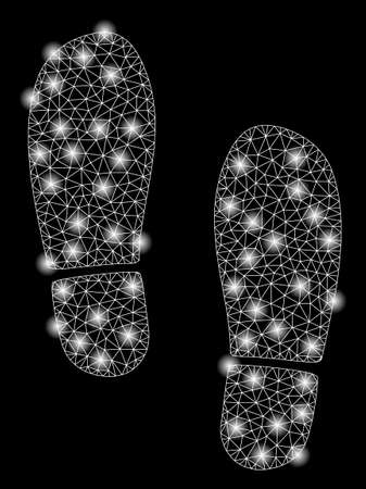 Bright mesh boot footprints with glare effect. Abstract illuminated model of boot footprints icon. Shiny wire frame triangular mesh boot footprints abstraction in vector format on a black background.のイラスト素材