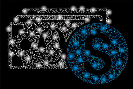 Bright mesh cash with lightspot effect. Abstract illuminated model of cash icon. Shiny wire frame triangular mesh cash abstraction in vector format on a black background.のイラスト素材