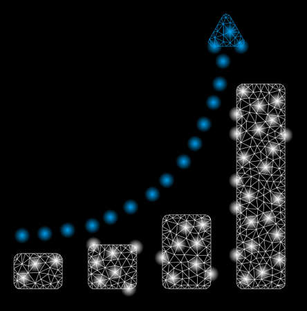 Bright mesh bar chart trend with glare effect. Abstract illuminated model of bar chart trend icon. Shiny wire carcass polygonal mesh bar chart trend abstraction in vector format on a black background.のイラスト素材