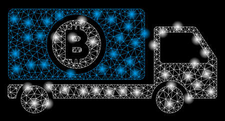 Bright mesh Bitcoin delivery truck with glow effect. Abstract illuminated model of Bitcoin delivery truck icon.のイラスト素材