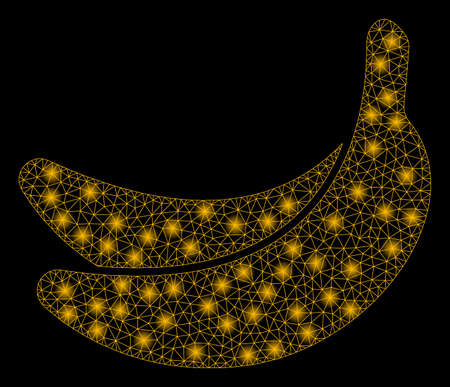 Bright mesh banana with glare effect. Abstract illuminated model of banana icon. Shiny wire carcass triangular mesh banana abstraction in vector format on a black background.のイラスト素材