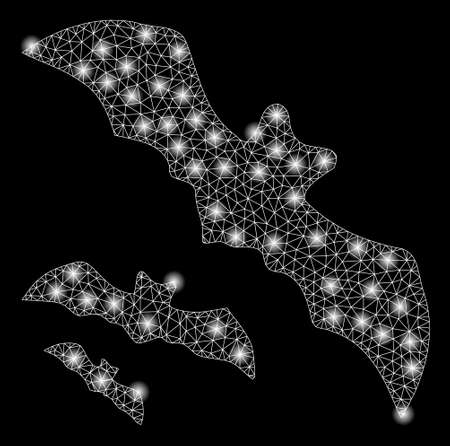 Bright mesh flying bats with glow effect. Abstract illuminated model of flying bats icon. Shiny wire carcass polygonal mesh flying bats abstraction in vector format on a black background.のイラスト素材