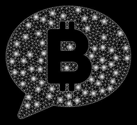 Bright mesh Bitcoin message balloon with glow effect. Abstract illuminated model of Bitcoin message balloon icon.のイラスト素材