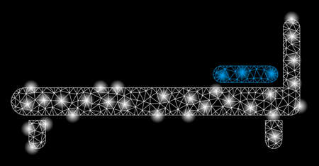 Bright mesh bed with glare effect. Abstract illuminated model of bed icon. Shiny wire frame triangular network bed abstraction in vector format on a black background.のイラスト素材