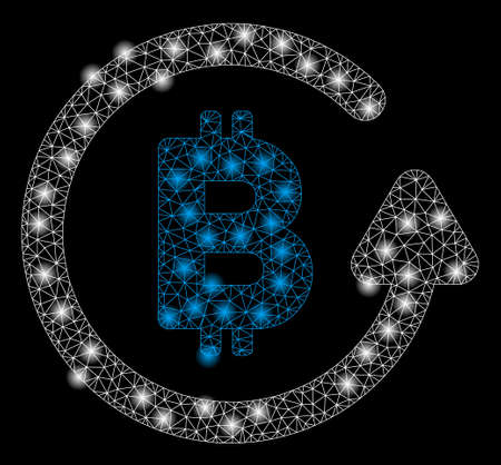 Bright mesh Bitcoin refund with glare effect. Abstract illuminated model of Bitcoin refund icon. Shiny wire carcass polygonal network Bitcoin refund abstraction in vector format on a black background.のイラスト素材