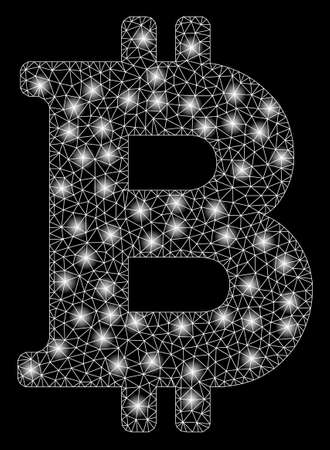 Bright mesh Bitcoin with glow effect. Abstract illuminated model of Bitcoin icon. Shiny wire carcass triangular mesh Bitcoin abstraction in vector format on a black background.のイラスト素材