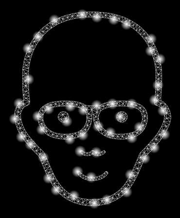 Bright mesh bald head with lightspot effect. Abstract illuminated model of bald head icon. Shiny wire frame triangular mesh bald head abstraction in vector format on a black background.のイラスト素材