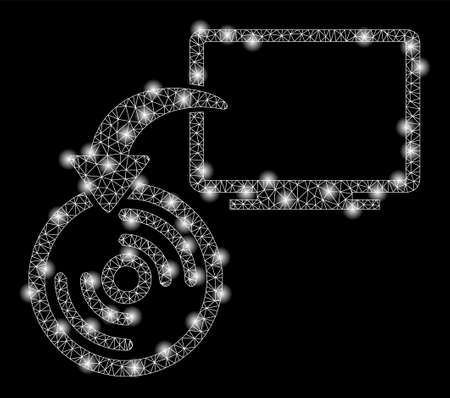 Bright mesh backup with lightspot effect. Abstract illuminated model of backup icon. Shiny wire frame triangular mesh backup abstraction in vector format on a black background.のイラスト素材
