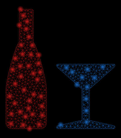 Bright mesh beverage with glare effect. Abstract illuminated model of beverage icon. Shiny wire carcass triangular mesh beverage abstraction in vector format on a black background.のイラスト素材