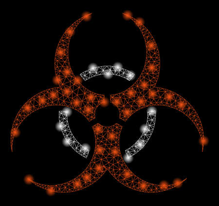 Bright mesh bio hazard with glow effect. Abstract illuminated model of bio hazard icon. Shiny wire frame triangular mesh bio hazard abstraction in vector format on a black background.のイラスト素材