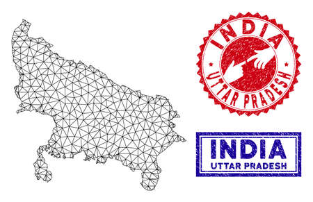 Wire frame polygonal Uttar Pradesh State map and grunge seal stamps. Abstract lines and dots form Uttar Pradesh State map vector model. Round red stamp with connecting hands.のイラスト素材