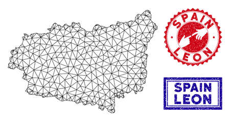 Mesh polygonal Leon Province map and grunge seal stamps. Abstract lines and small circles form Leon Province map vector model. Round red stamp with connecting hands.のイラスト素材