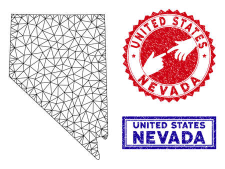 Mesh polygonal Nevada State map and grunge seal stamps. Abstract lines and small circles form Nevada State map vector model. Round red stamp with connecting hands.のイラスト素材