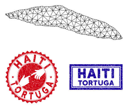 Network polygonal Tortuga Island of Haiti map and grunge seal stamps. Abstract lines and small circles form Tortuga Island of Haiti map vector model. Round red stamp with connecting hands.のイラスト素材