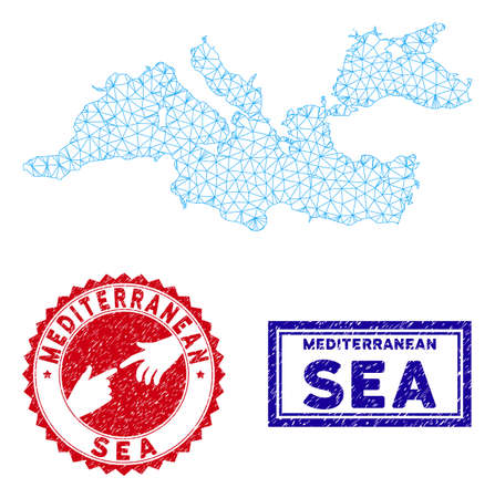 Network polygonal Mediterranean Sea map and grunge seal stamps. Abstract lines and spheric points form Mediterranean Sea map vector model. Round red stamp with connecting hands.のイラスト素材