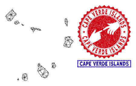 2D polygonal Cape Verde Islands map and grunge seal stamps. Abstract lines and circle dots form Cape Verde Islands map vector model. Round red stamp with connecting hands.のイラスト素材